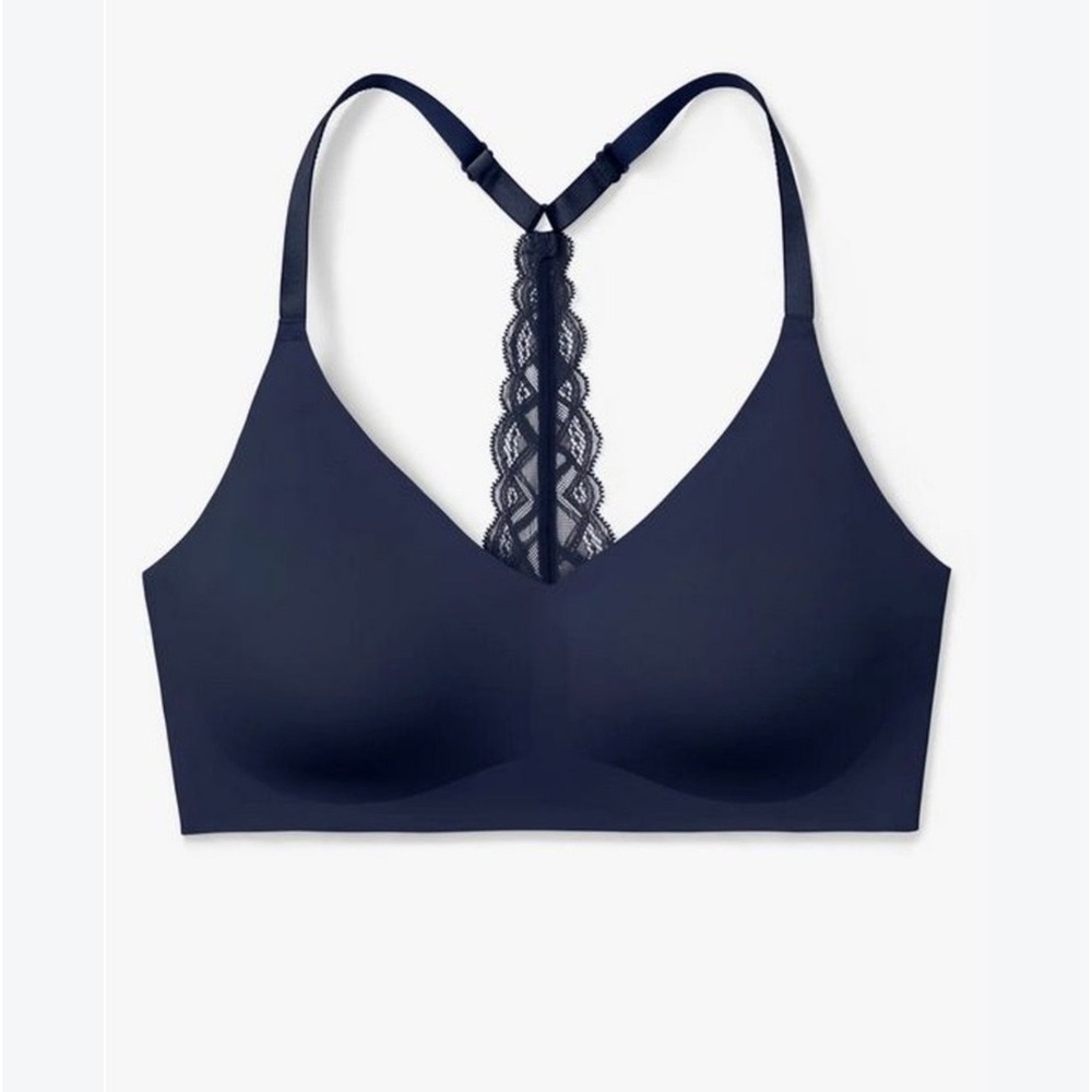 True & Co True Body Triangle Lace Racerback Bra Navy Blue XS Seamless Bralette